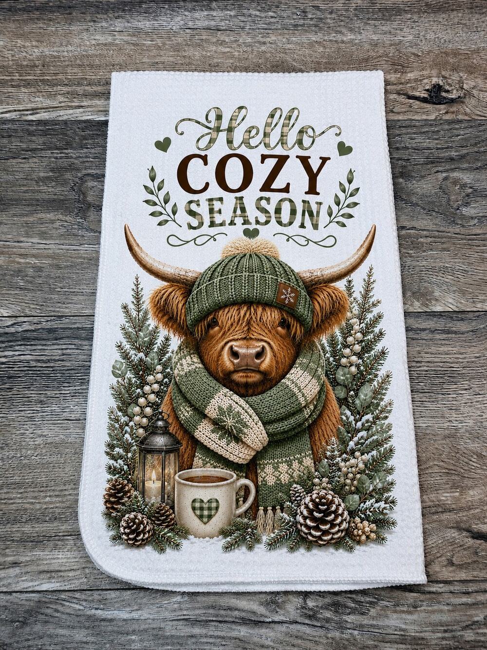 Highland Cow Winter Kitchen Towel Hello Cozy Season Farmhouse Decor